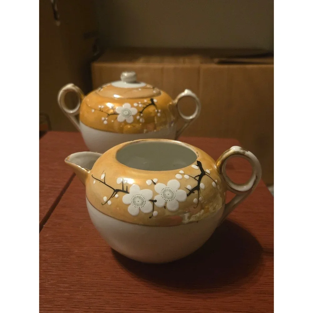 Vintage Lusterware Creamer and Sugar Bowl Set Orange Cherry Blossom Porcelain
